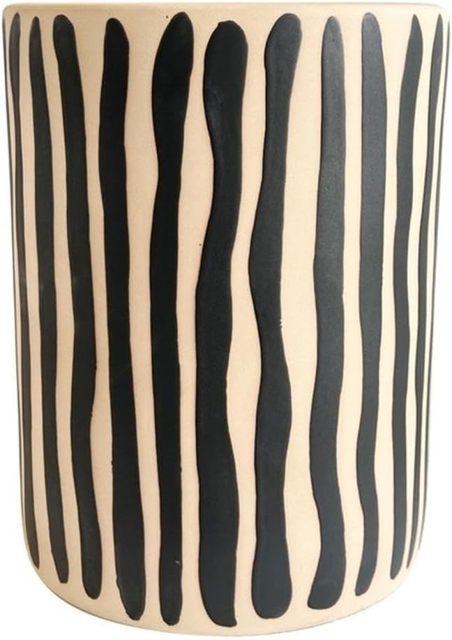 Pemberly Row Contemporary Ceramic Accent Table, Black Stripes, 13 in x 13 in x 17.5 in, Handmade and Hand-Painted, Textured Beige Finish, Side Table for Living Room, Patio, or Bedroom