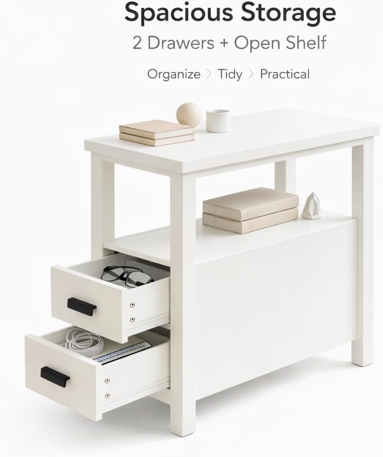 End Table with Charging Station, Nightstand with USB Ports & Outlets, Wood Side Table with 2 Drawers & Storage Shelf for Bedroom,Walnut (White)