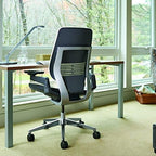 Steelcase Gesture Office Chair - Cogent Connect Licorice Upholstered Wrapped Back Platinum Metallic Frame High Seat Merle Seat/Back/Arms (Dark/Light) Hard Floor Caster Wheels