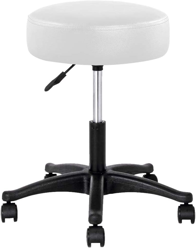 BAKAJI White Faux Leather Round Stool, 34cm Seat, 45-57cm Height