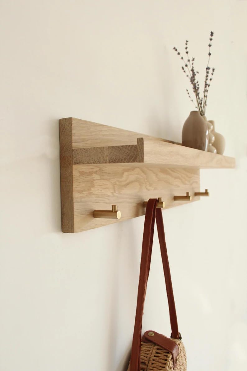 Solid Oak Wall Mounted Coat Rack Shelf with 5 Brass Hooks, Entryway Hanging Key Holder Organizer, Modern Wooden Wall Shelf with Hooks for Hallway, Living Room, Bathroom