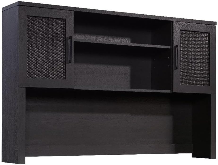 Pemberly Row Large Coastal Engineered Wood Hutch, Raven Oak Finish, 42 in x 66 in x 11 in, Adjustable Shelves, Rattan Doors, Cord Management, Office Storage Attachment for Desk or Credenza