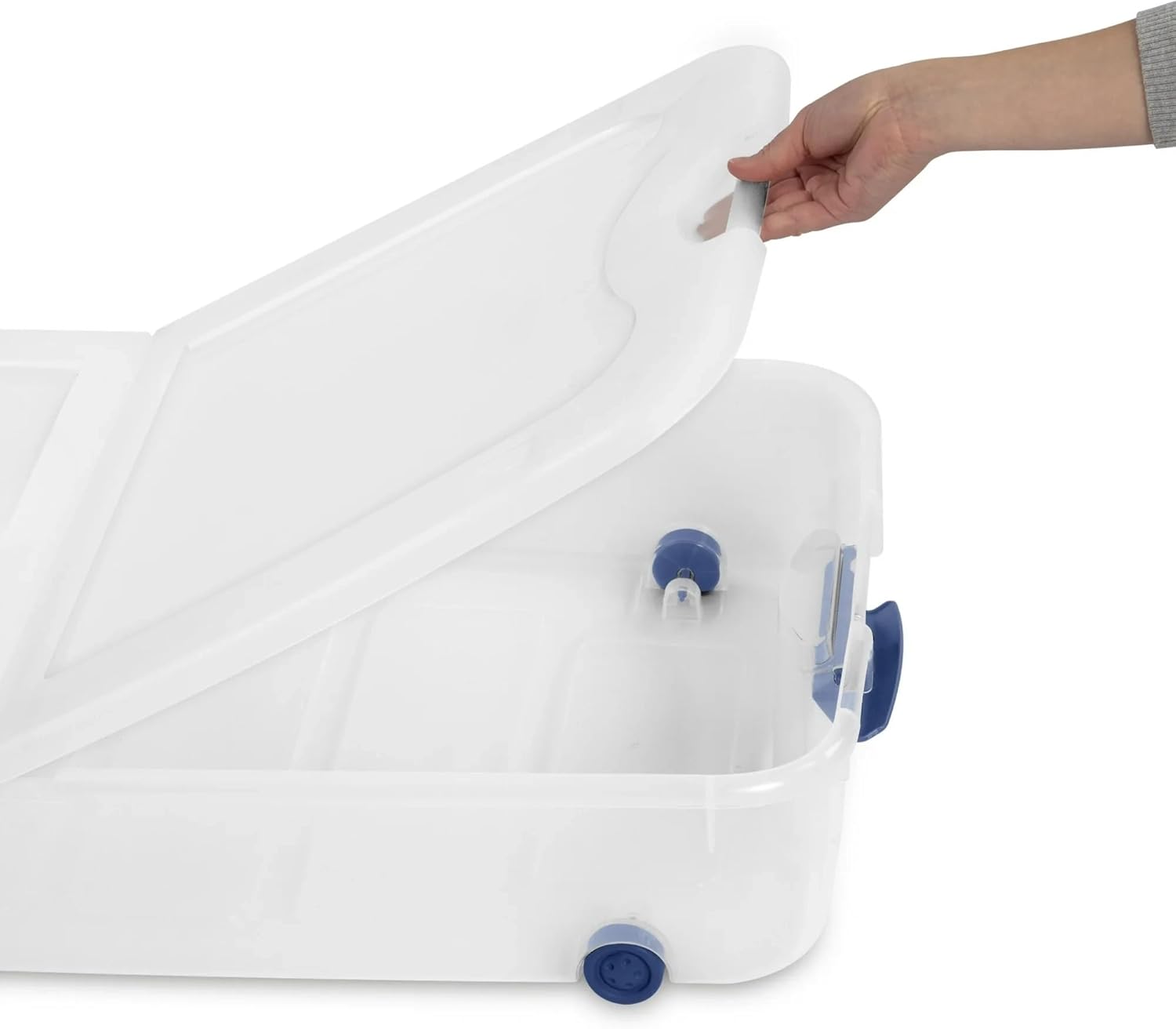 Blue 66-Quart Clear Underbed Storage Bin with Wheels and Latch Lid - Rolling Container for Gift Wrapping Station, Kids Room & Guest Bedding