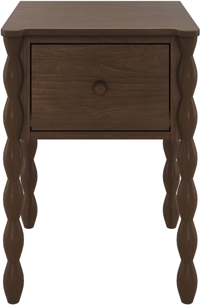 Max & Lily Jenny Kids Nightstand with 1 Drawer, Solid Pine Wood, Turned Spindle Legs, Low-VOC Finish, Vintage-Style Bedroom Side Table, Walnut