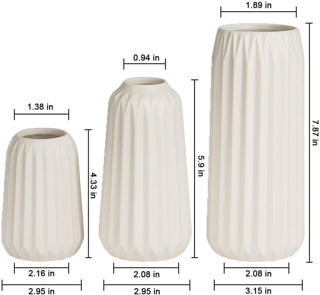 White Ceramic Vases Set of 3 – Modern Ribbed Vase Centerpieces for Pampas Grass, Eucalyptus, Dried or Fresh Flowers, Minimalist Home Decor for Living Room, Bookshelf, Table & Office