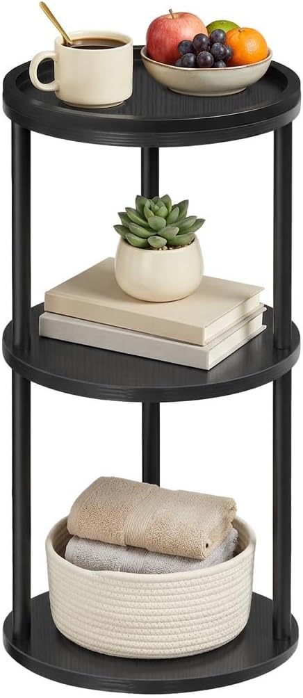 MAHANCRIS Small Round Side Table with Tray, 3-Tier End Table with Storage Shelf, Accent Table for Small Spaces, Nightstand, Coffee Drink Table for Sofa, Living Room, Bedroom, Corner, Black ETBK3101