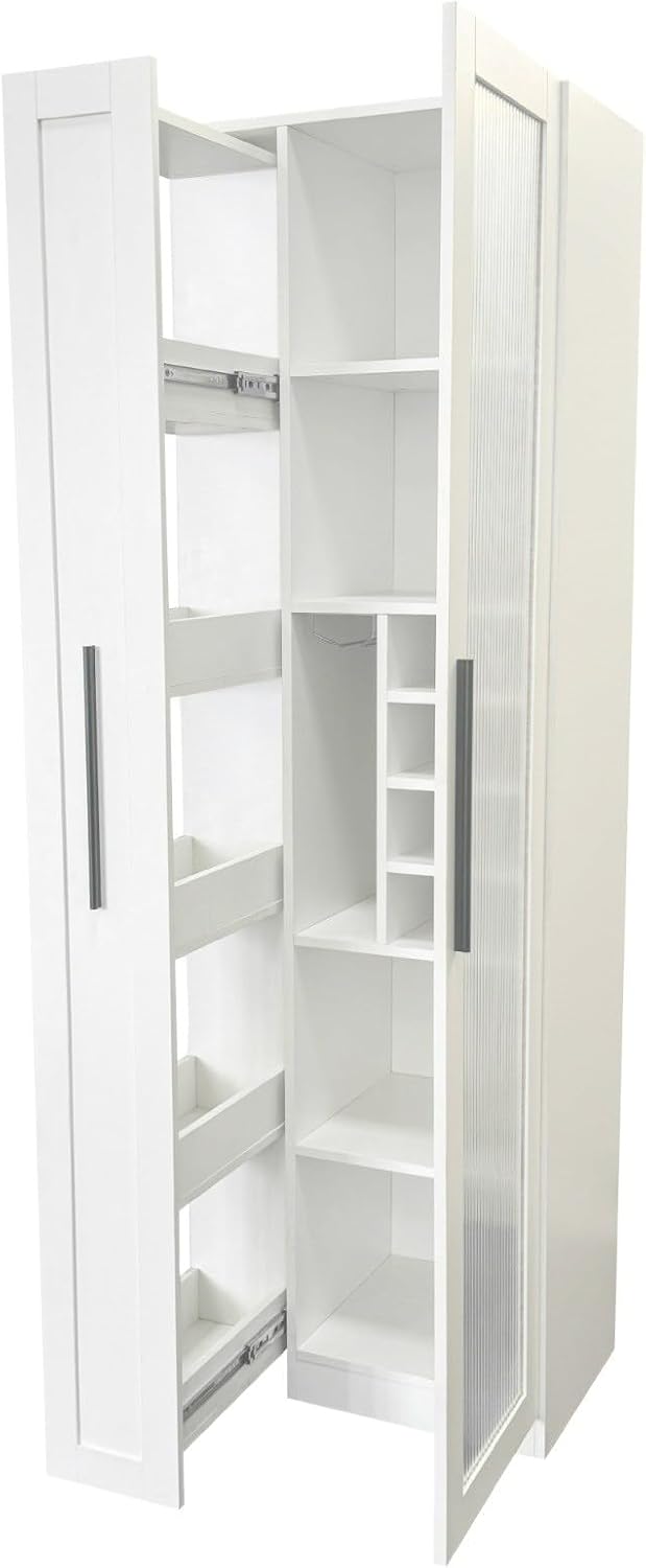 Kitchen Pantry Cabinet with Glass Door & Pull Out Shelves, 70.87" Tall Storage Cabinet with Wine Rack, Modern Farmhouse Pantry for Kitchen, Dining Room, Bar, Space-Saving Cabinet, White