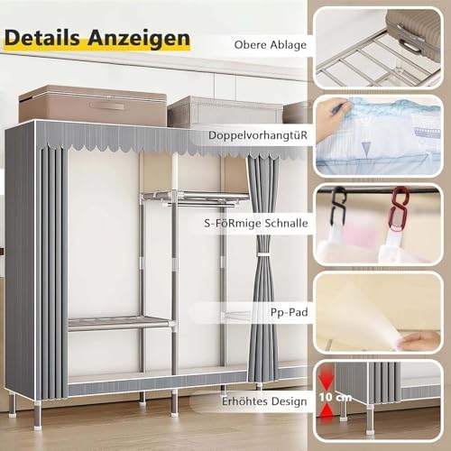 Canvas Wardrobe Multifunctional Wardrobes for Bedroom Portable Wardrobe Shelves Wardrobe Storage Organiser Fabric Wardrobes with Hanging Rails Fabric Closet Folding Wardrobe