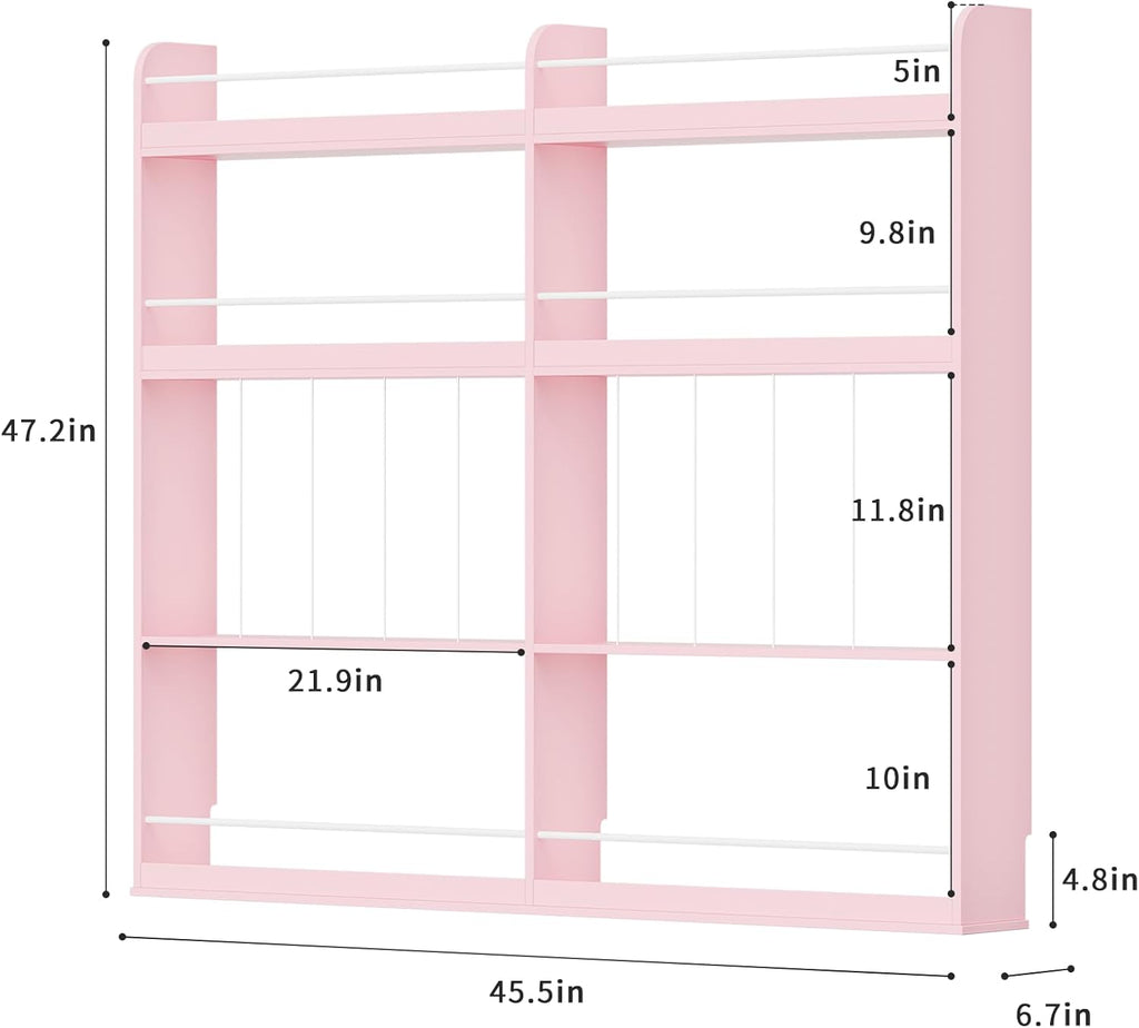 Kids Bookshelf, 8-Tier Bookshelf with Stuffed Animal Storage, Wooden Kids Bookcase and Toy Storage Organizer, Anti-Tipping Wall-Leaning Book Shelf for Kids Room, Playroom, Classroom. Pink