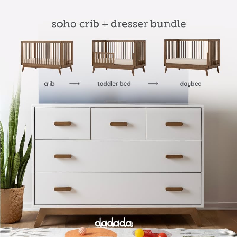 dadada Soho Baby Nursery Furniture Set, Baby Crib and Dresser Set Combo, Soho 3-in-1 Convertible Crib and Matching 5 Drawer Dresser, Walnut Beechwood