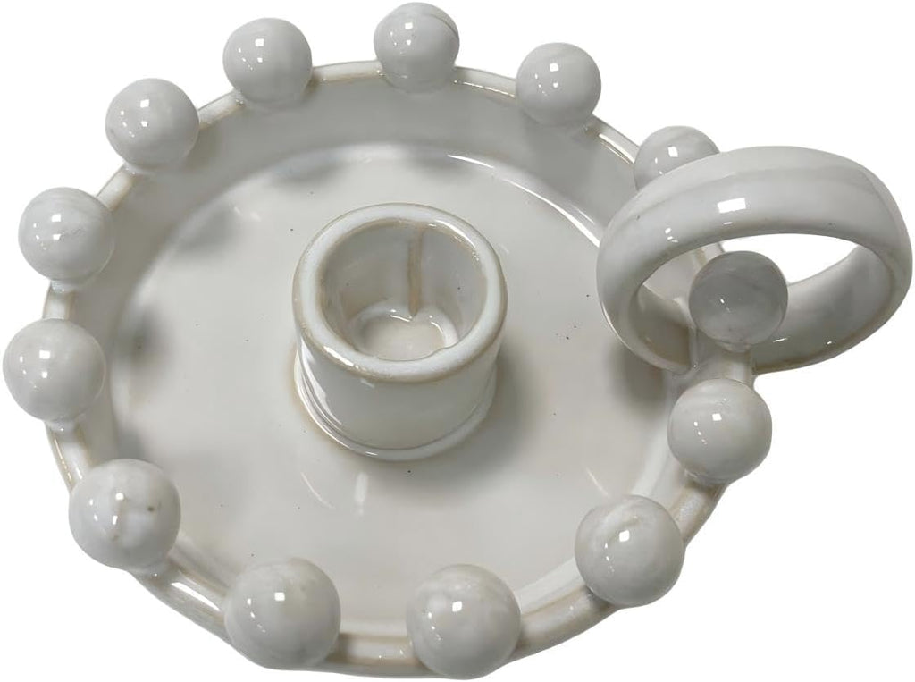 Ceramic Taper Candle Holder with Handle,Vintage White Glaze Farmhouse Beads Candlestick Holders for Mantel, Dining Home Decoration