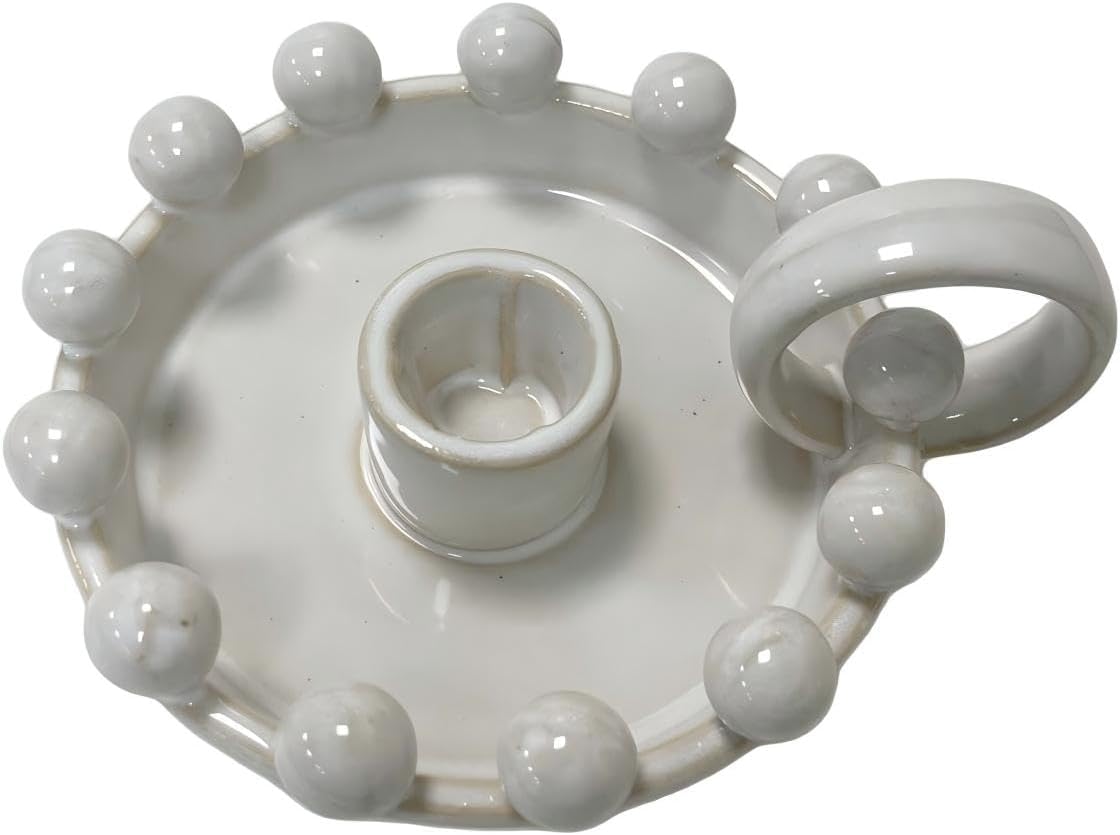Ceramic Taper Candle Holder with Handle,Vintage White Glaze Farmhouse Beads Candlestick Holders for Mantel, Dining Home Decoration