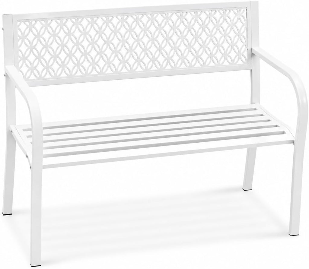 Heavy Duty White Metal Patio Garden Bench for 2 – 50" Wide, 790 lbs Capacity – Weather Resistant – Geometric Backrest & Slatted Seat – Porch, Deck, Entryway, Backyard Seating – White
