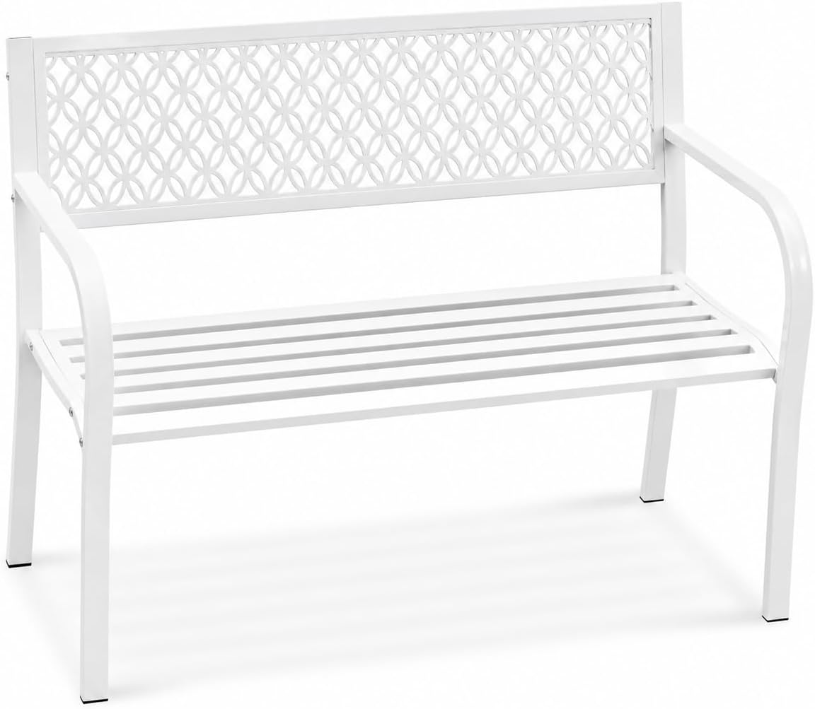 Heavy Duty White Metal Patio Garden Bench for 2 – 50" Wide, 790 lbs Capacity – Weather Resistant – Geometric Backrest & Slatted Seat – Porch, Deck, Entryway, Backyard Seating – White