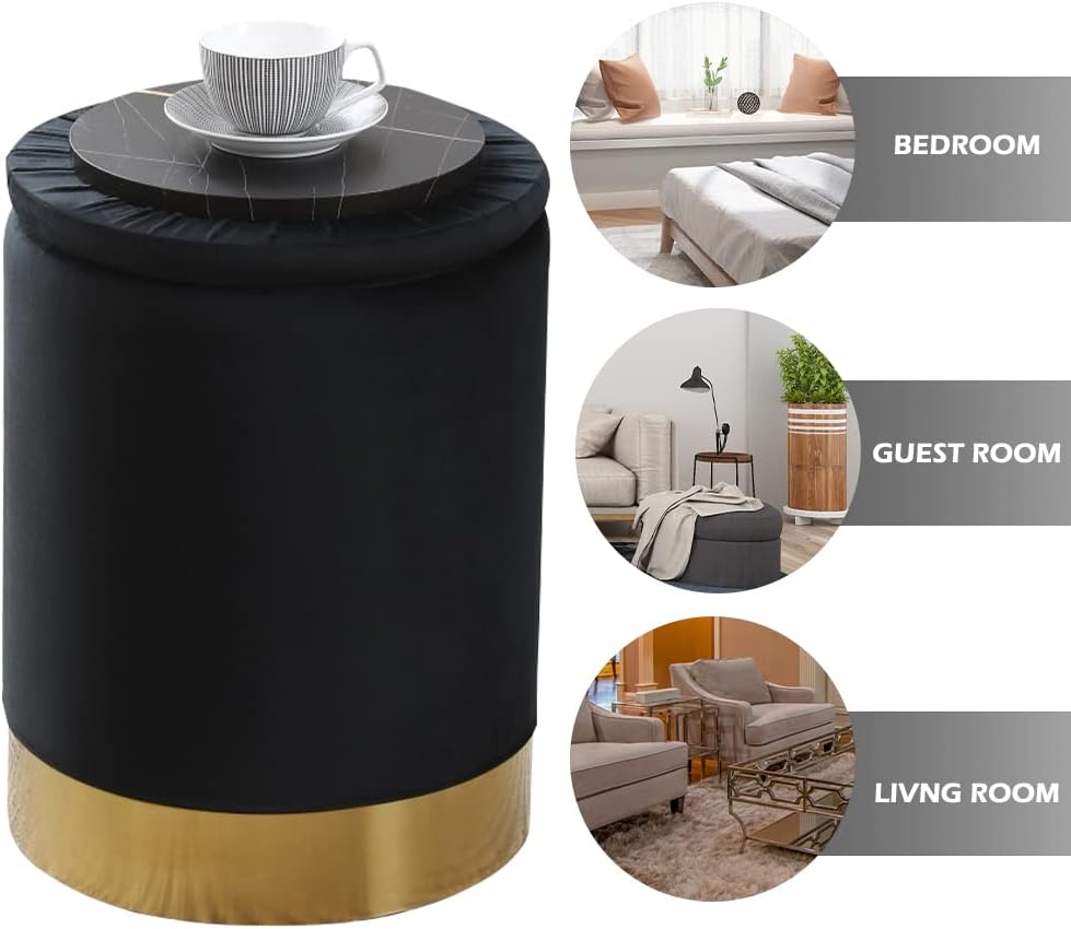 Velvet Storage Ottoman Multipurpose Footrest Stool with Metal Base Modern Round Vanity Stool Chair Ottoman Foot Stools Support 300 lbs Padded Seat for Living Room (Black (Velvet))