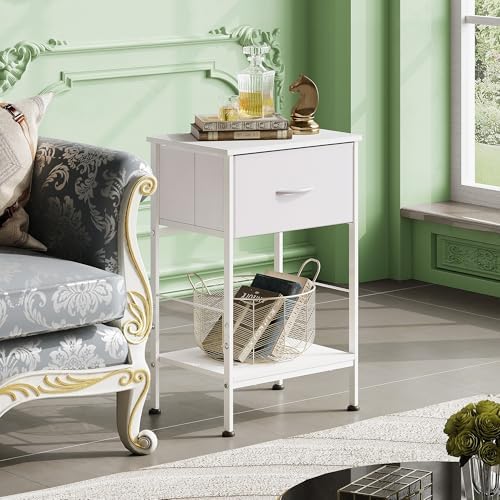 WLIVE Small White Nightstand with Drawer, Fabric Bedside Table, 25.03'' H | Night Stand with Wood Open Shelf, Small Bed Side Table for Bedroom, Dorm, Small Space, Easy Assembly