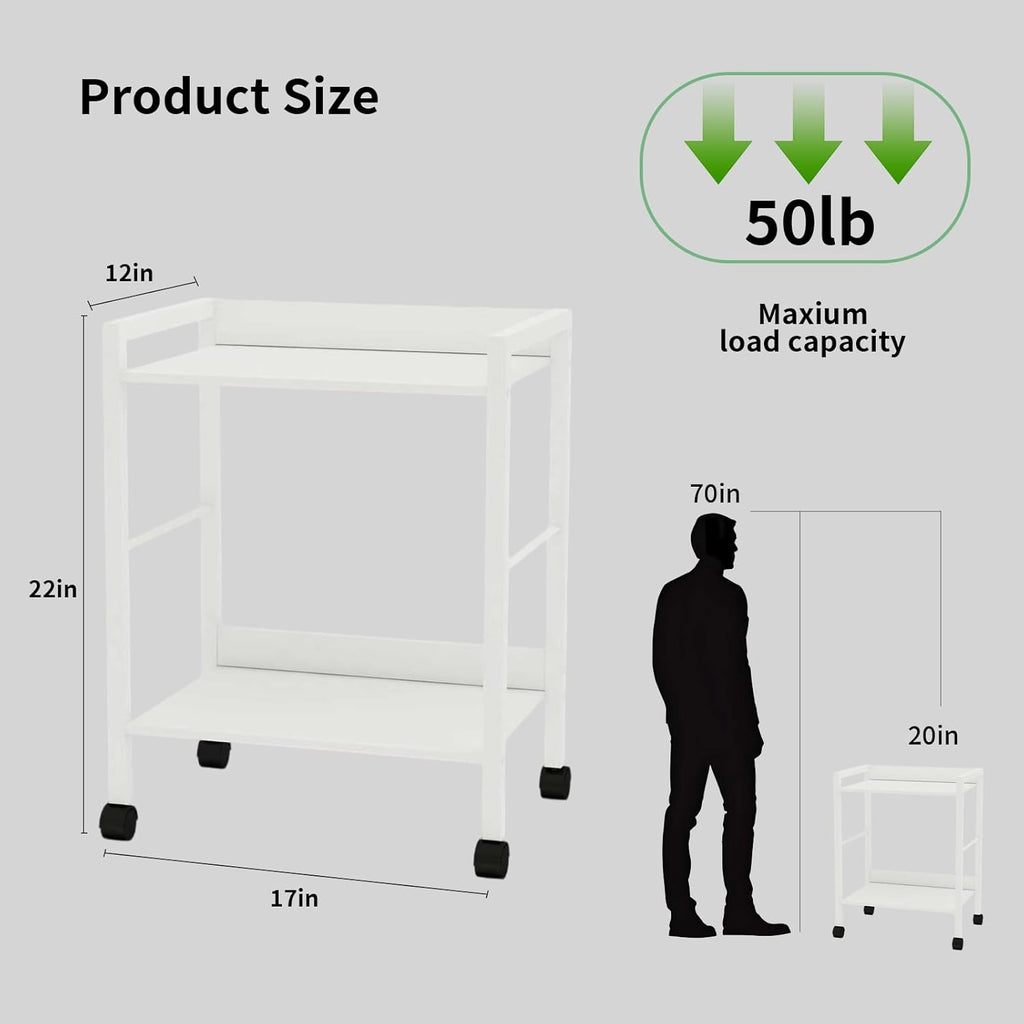 Rolling Side Table & Nightstand, 2-Tier Industrial Sofa Table with Wood Shelves on Wheels, Mobile End Table, Small Storage Cart for Living Room, Bedroom, Office.White