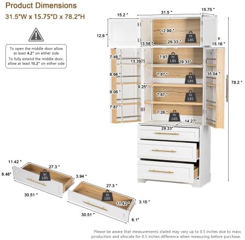 Farmhouse Kitchen Pantry Cabinet with 8 Door Shelves and 3 Large Drawers, Tall Storage Cabinet Cupboard with Adjustable Shelves for Kitchen, Dining Room, Bathroom (Retro White)