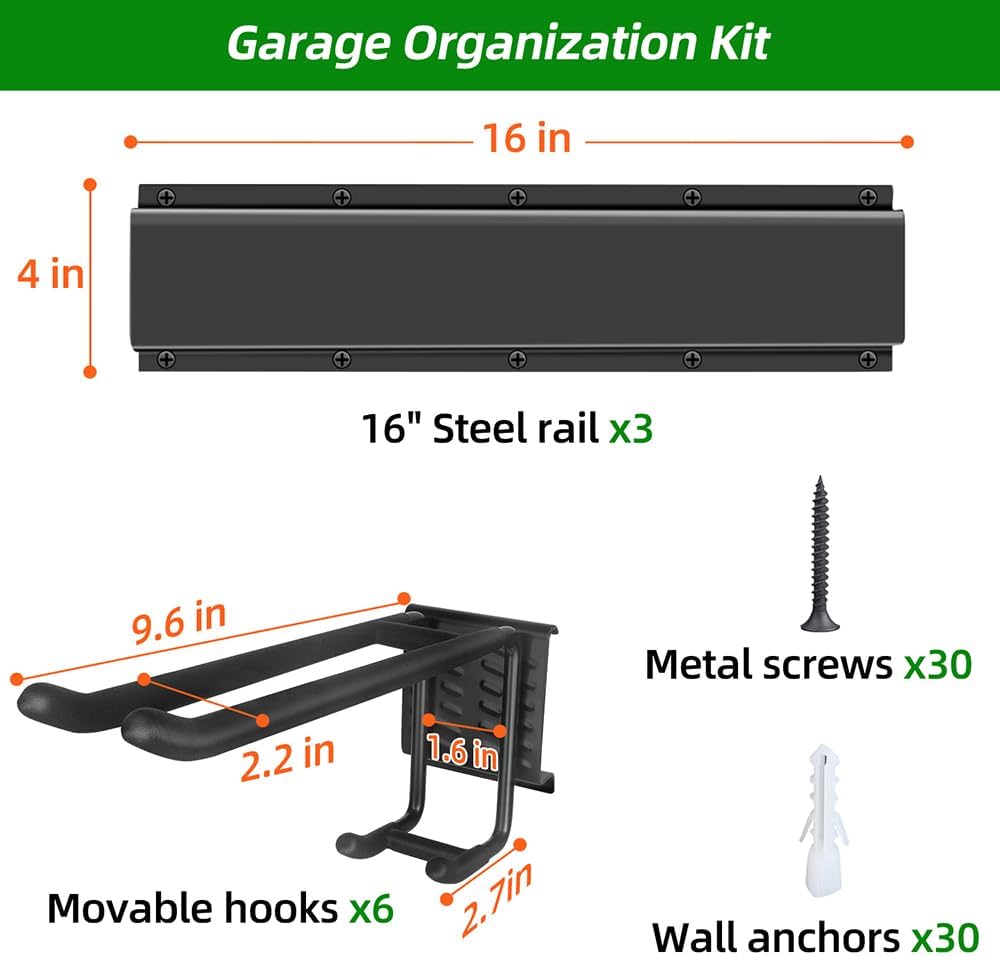 PIYILO Garage Tool Organizer Wall Mount with 48 inches Rails and 6 Double-layer Hooks, Garden Tool Rack Heavy Duty, Garage Hanging Storage Rack For Yard Tools, Shovel, Shed