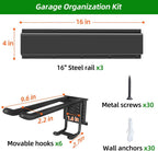 PIYILO Garage Tool Organizer Wall Mount with 48 inches Rails and 6 Double-layer Hooks, Garden Tool Rack Heavy Duty, Garage Hanging Storage Rack For Yard Tools, Shovel, Shed