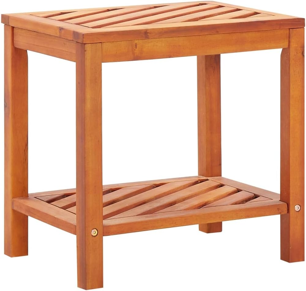 Solid Acacia Wood Side Table 17.7x13x17.7 Inches, Weather Proof End Table with Sturdy Bottom Shelf, Nightstand for Bedroom, Plant Stand for Living Room
