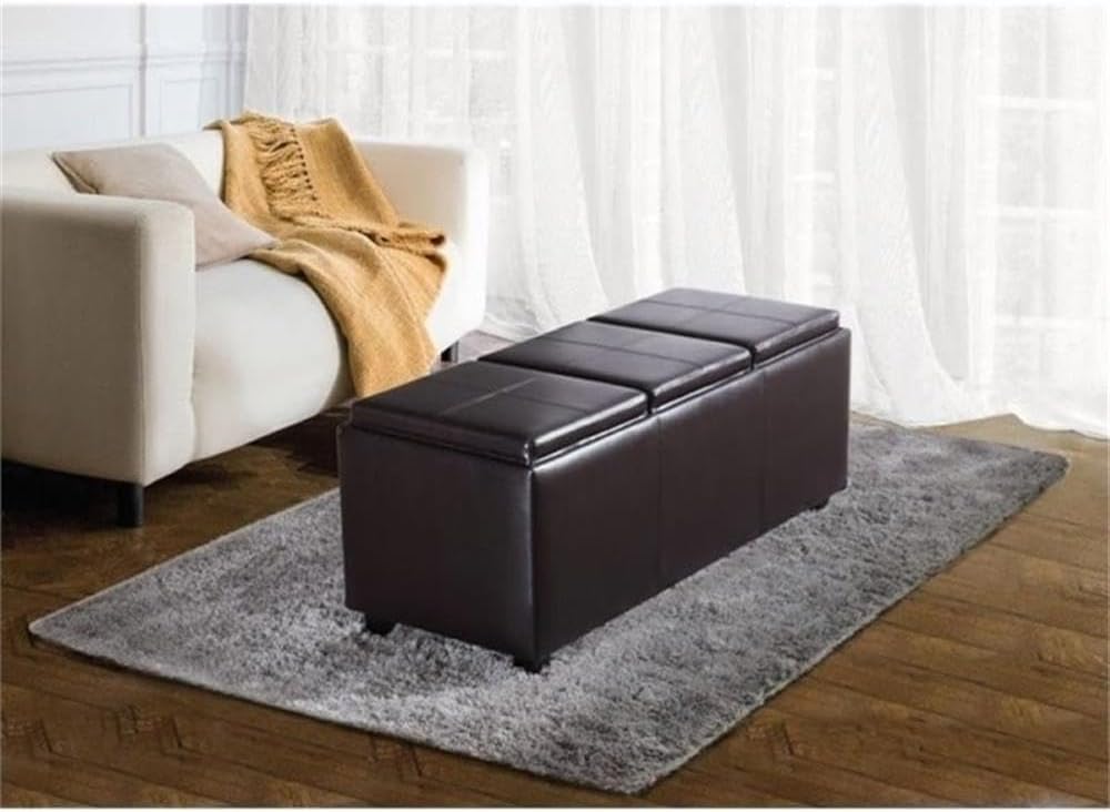 48"W Leather Storage Ottoman Bench with Trays, Upholstered, Footrest with Large Storage Space, Dark Brown Storage Chest with Wood Legs, Queen Size End of Bed Bench with Hidden Space for Blankets
