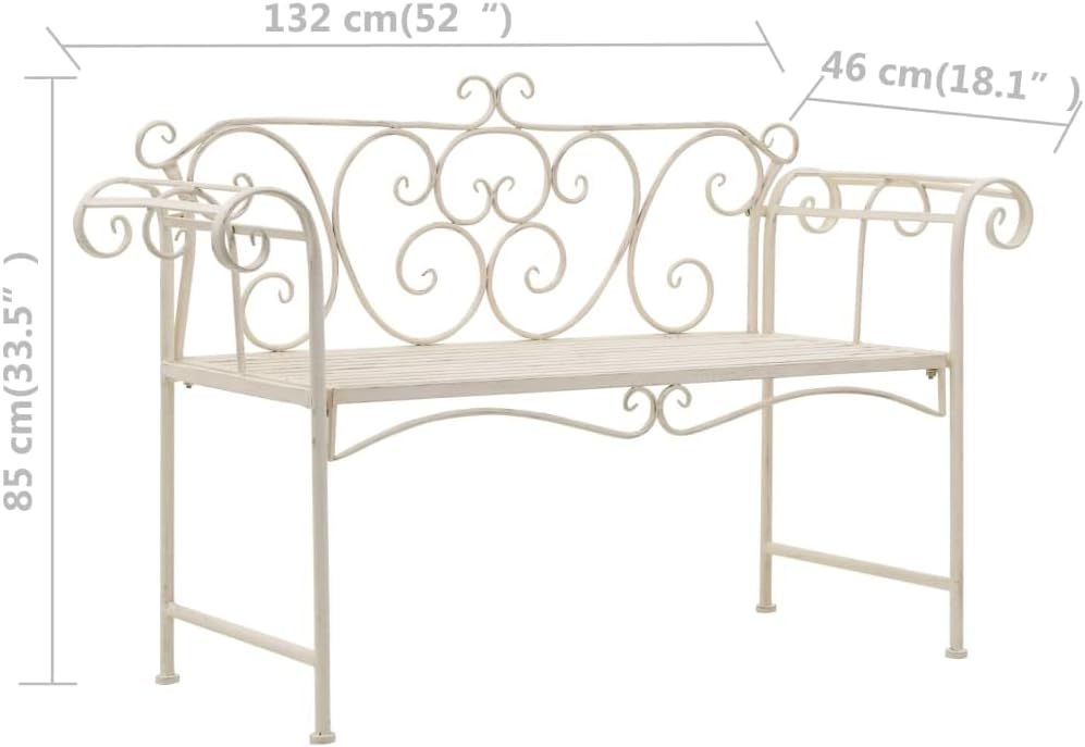 Garden Bench Antique White Metal 52 in Width Decorative Inlays,Sturdy Metal Garden Bench with Vintage Scroll Design, WeatherResistant and for Outdoor Use Patio Furniture