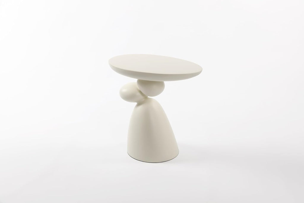Modern Coffee End Table with Lucky Stone Design, Minimalist Fiberglass Small Side Table, Unique Pedestal Corner Sofa Tables, Home Decor for Living Room Bedroom Office, Milk White