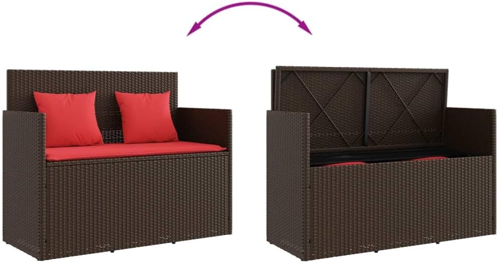 Brown Poly Rattan Outdoor Storage Bench with Cushion, Patio Seat with Waterproof Bag for Cushions and Towels, Easy Open Lid with Gas Spring
