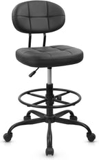 KLASIKA Drafting Stool with Backrest, Tall Adjustable Height Office Chair, PU Leather Swivel Rolling Stool with Footrest & Wheels for Standing Desk, Bar, Salon, Spa, Lab, Counter, Home, Black，1PK
