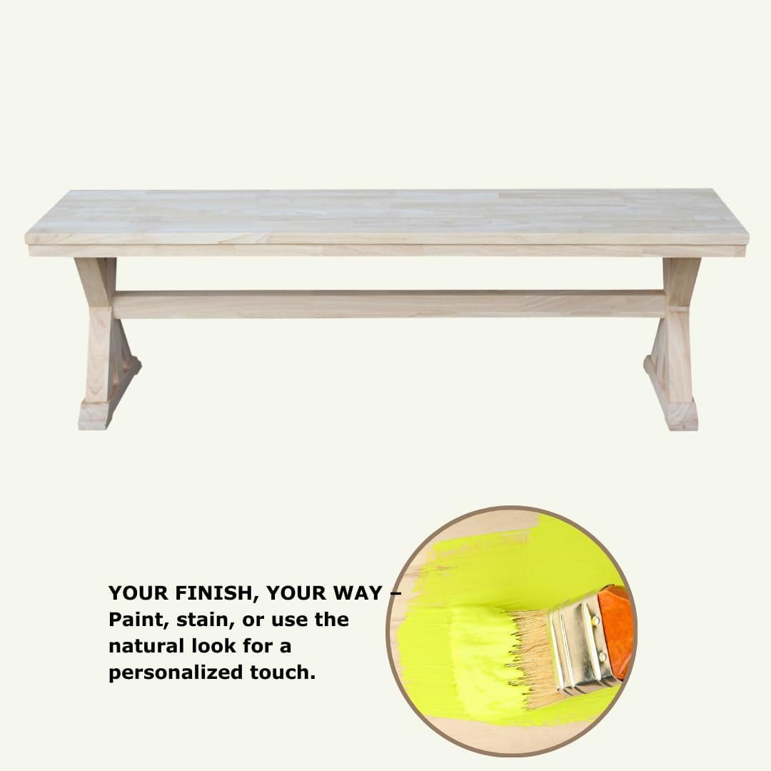 IC International Concepts, Canyon Collection Solid Bench, Solid Real Wood, Sturdy Parawood, Entryway/Dining/Living, 60"W x 14.56"D x 18"H, 450 lbs Weight Capacity, Paint/Stain Ready, Unfinished