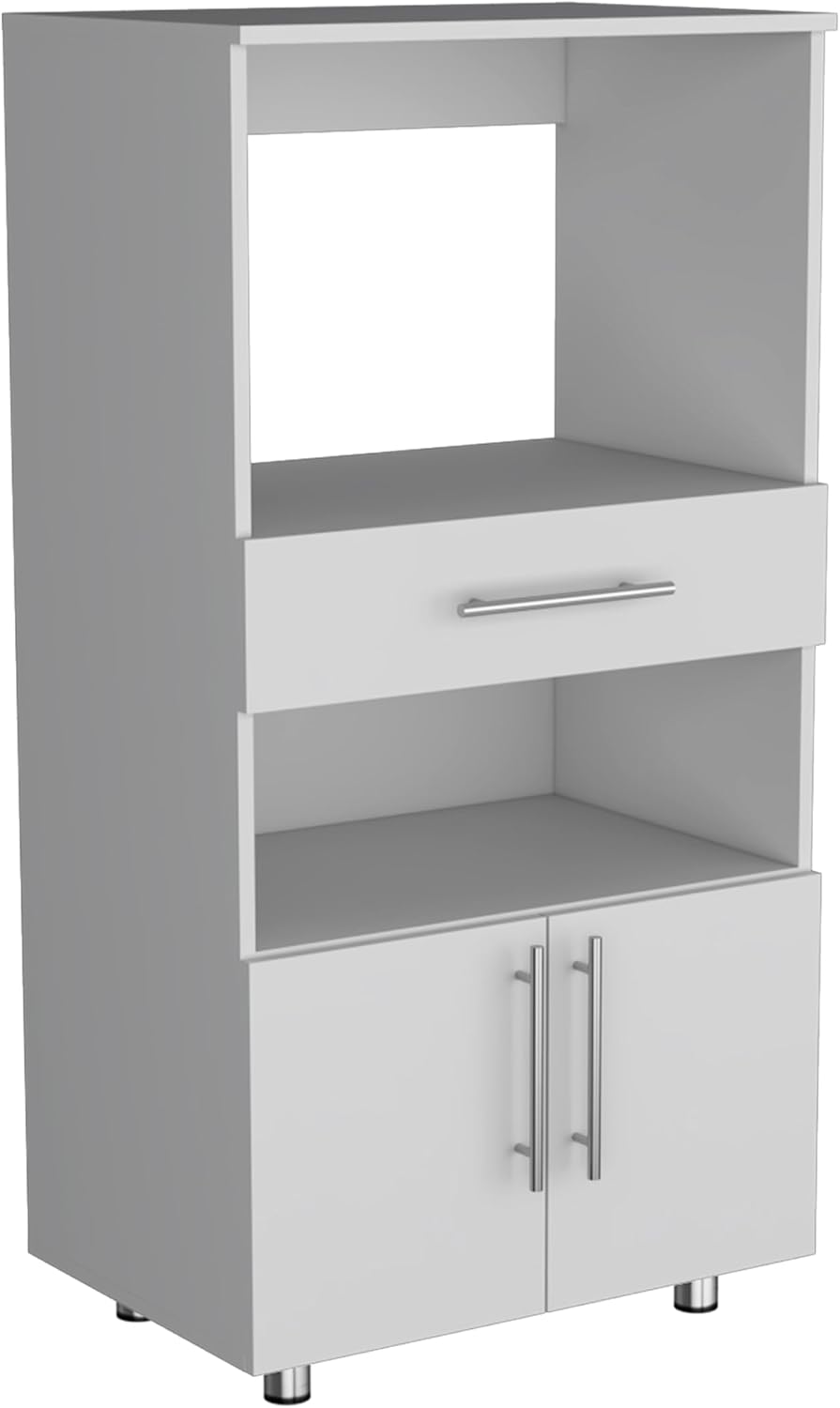 Classic White Kitchen Pantry with Open Shelves, Microwave Shelf, & Storage Doors - 48" H, Pine Wood