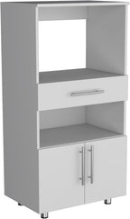 Classic White Kitchen Pantry with Open Shelves, Microwave Shelf, & Storage Doors - 48" H, Pine Wood
