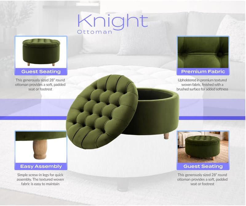 Niche Knight 28-Inch Large Round Pintucked Storage Ottoman with Lift-Off Lid, Tufted Upholstered Accent Footrest for Living Room, Bedroom, Entryway, Hidden Storage – Emerald Green