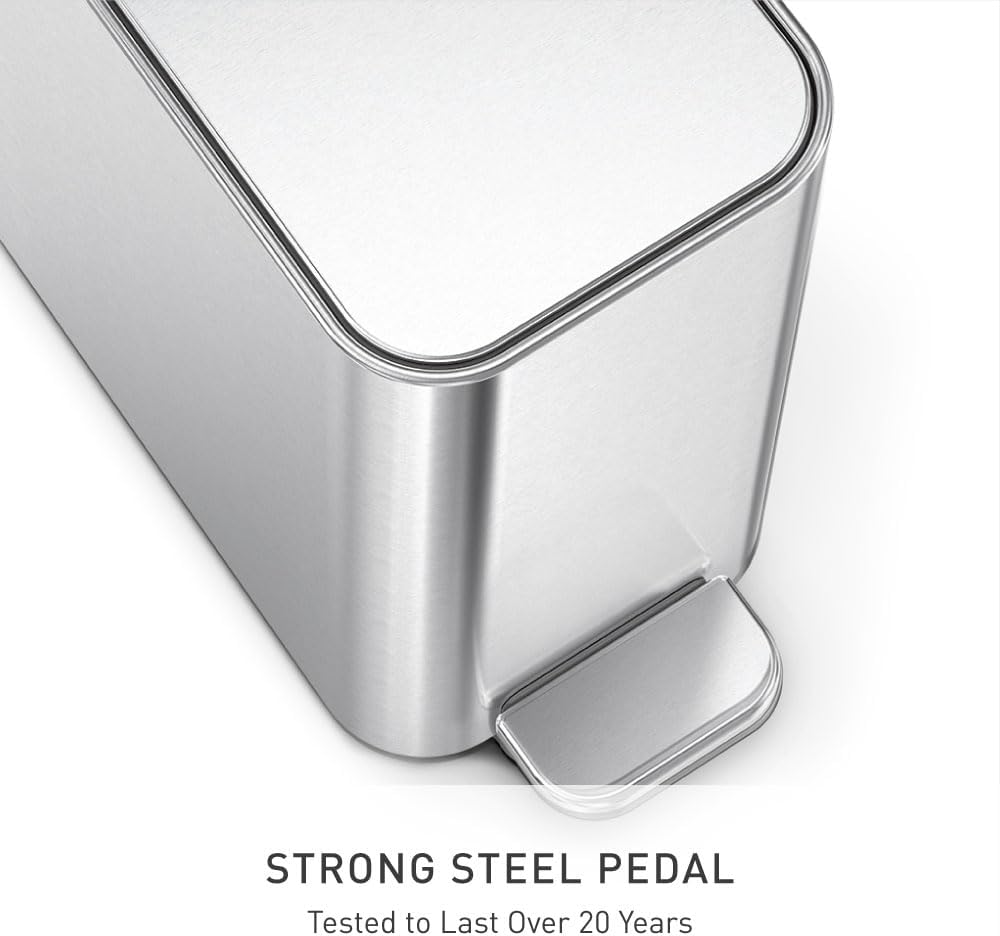 simplehuman Slim Step Can, 5L / 1.3 Gallon Compact Bathroom Trash Can, Liner Pocket®, Sleek Internal Hinge, 150,000-Step All-Steel Pedal, Lid Shox® Silent Close, Brushed Stainless Steel