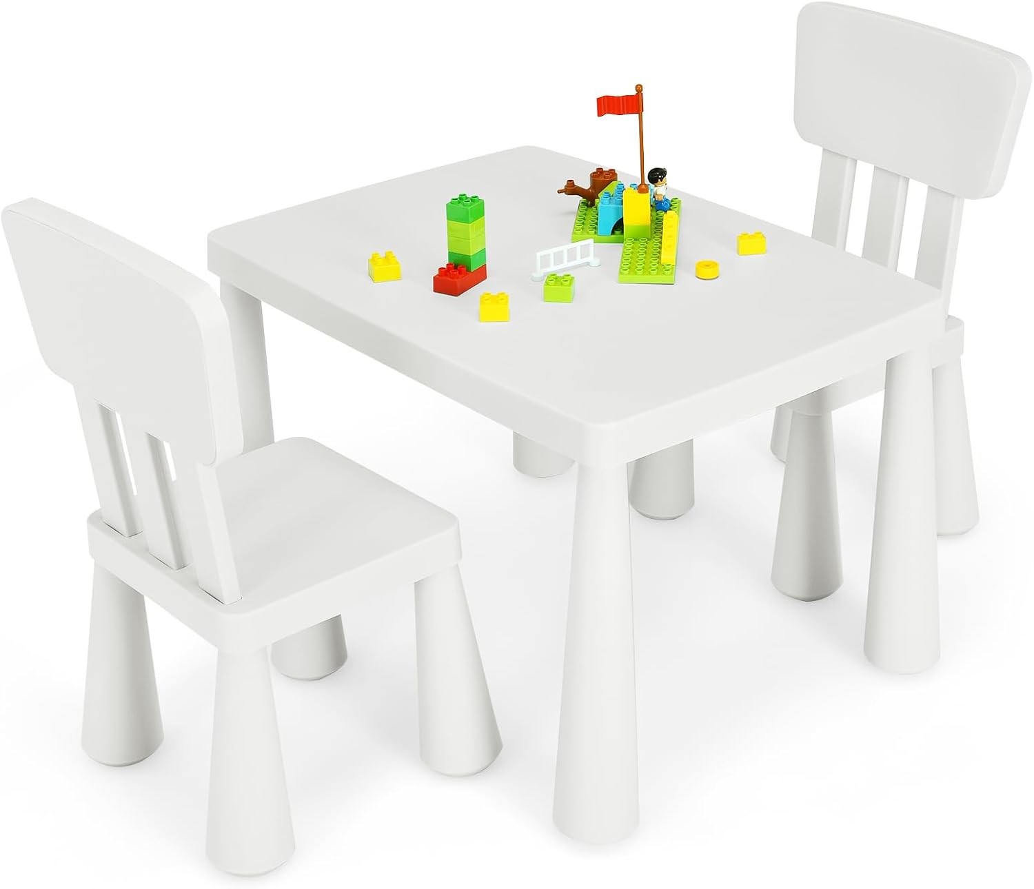 Toddler Table and Chair Set, Plastic Kid Activity Table & 2 Chairs, 3-Piece Children Playroom Furniture Set for Reading, Writing & Painting, Kids Table and Chair Set for Age 3-7 (White)
