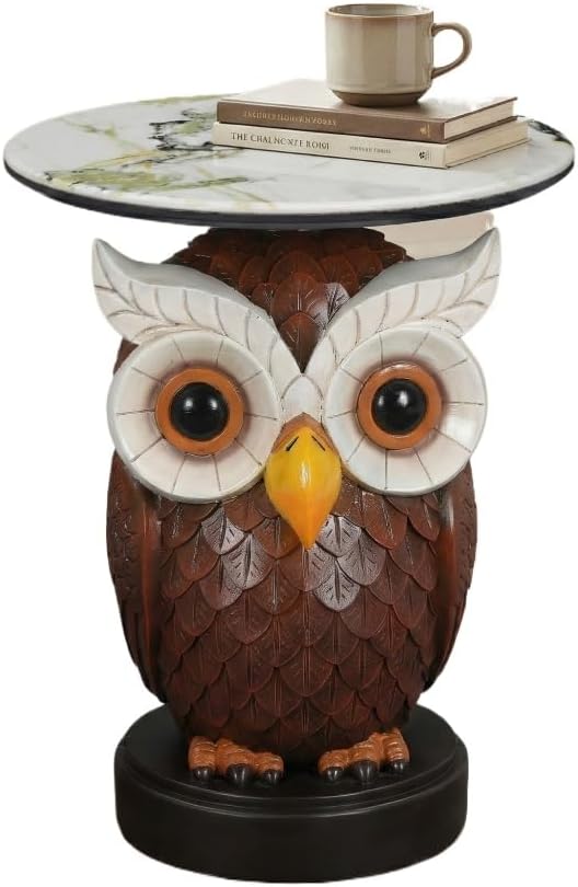 Owl Side Table, Round End Table with Faux Marble Top, Resin Owl Statue Base, Unique Animal Accent Table for Living Room