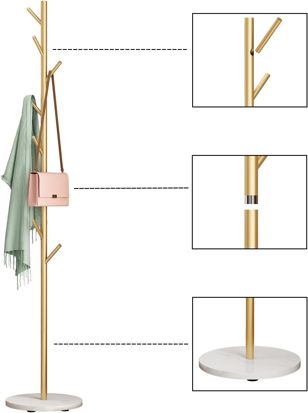 DOORXIFO Gold Coat Racks, Metal Coat Rack Freestanding with Hooks, Entryway Coat Rack Stand, Coat Racks with Marble Base, Coat Tree for Hanging Clothes, Hats, Bags