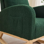 Green Sherpa Nursery Rocking Chair, Upholstered Glider with High Back & Side Pocket, Comfy Accent Armchair for Living Room Bedroom Reading Nook, Rubber Wood Legs