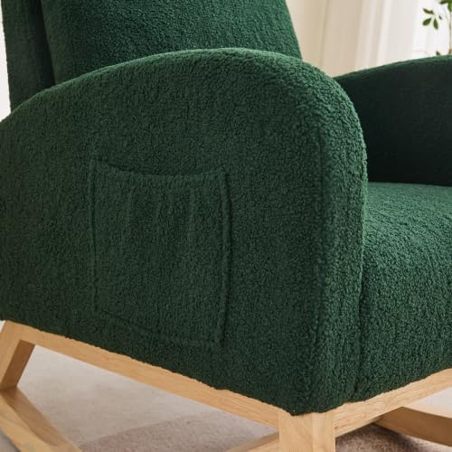 Green Sherpa Nursery Rocking Chair, Upholstered Glider with High Back & Side Pocket, Comfy Accent Armchair for Living Room Bedroom Reading Nook, Rubber Wood Legs