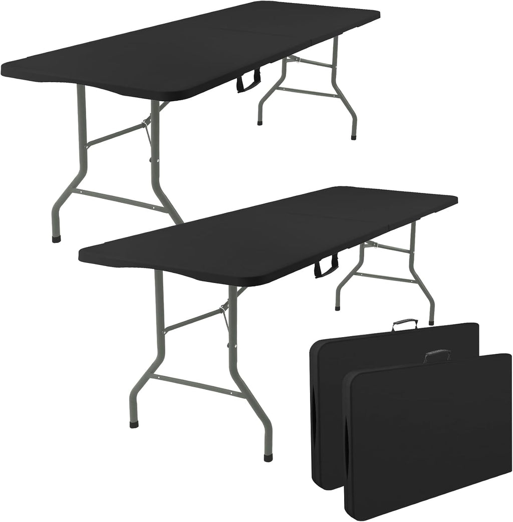 Fivenl 2 Pack 6 Feet Portable Folding Table Black, Steel Legs Fold-in-Half with Carrying Handle Rectangular Plastic Foldable Table for Party, Wedding, Camping, Picnic, Dining, Indoor Outdoor Events