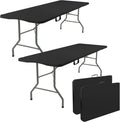 Fivenl 2 Pack 6 Feet Portable Folding Table Black, Steel Legs Fold-in-Half with Carrying Handle Rectangular Plastic Foldable Table for Party, Wedding, Camping, Picnic, Dining, Indoor Outdoor Events