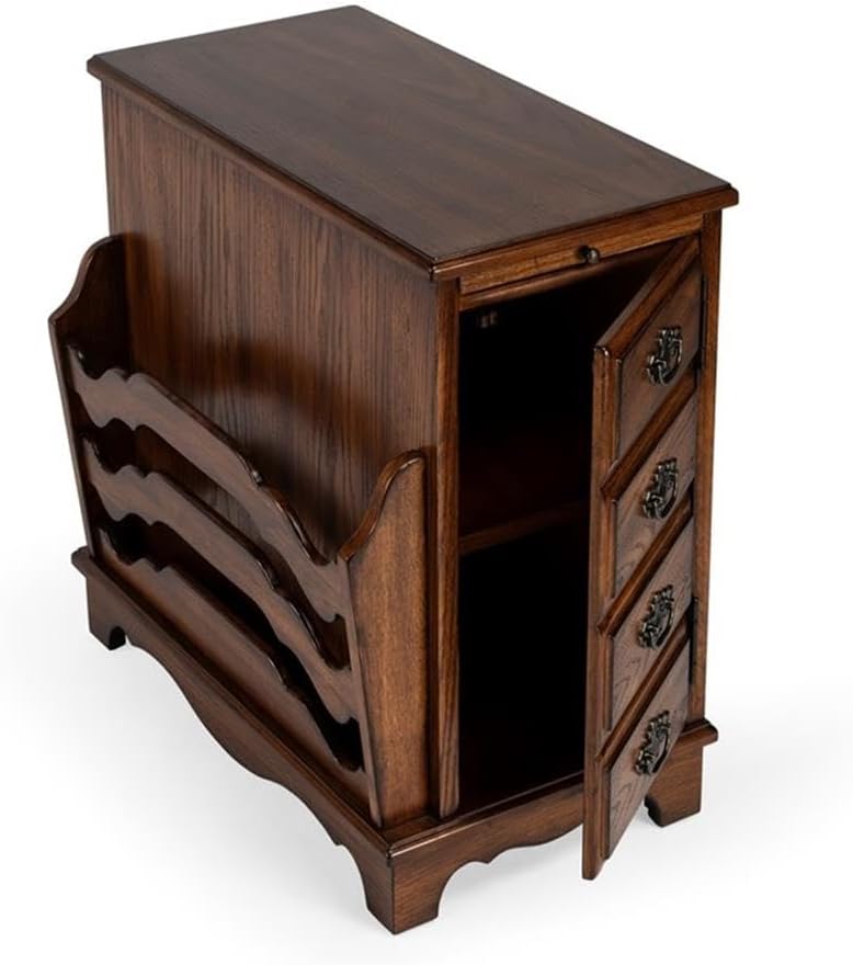 Beaumont Lane Modern Traditional Wooden Side Table, Cherry Veneers, Vintage Oak Finish, 14.5"W x 24"D x 24"H, Magazine Storage, Pull-Out Tray, Adjustable Shelf, Antique Brass Pulls for Living Room or