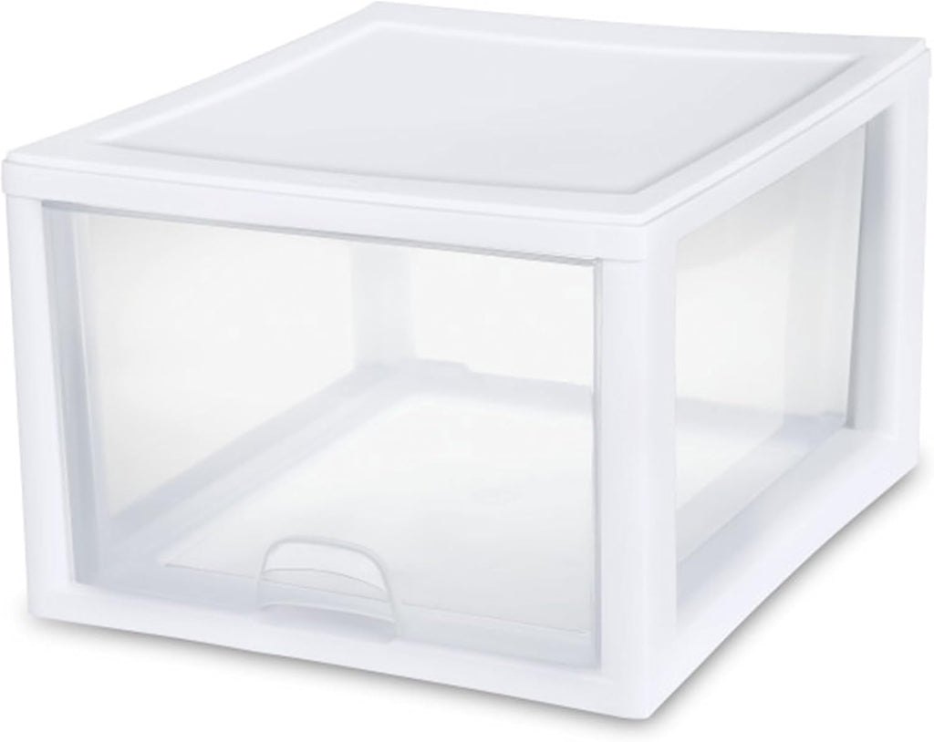 Sterilite 4-Pack Stacking Drawer, Clear Storage Organizer Containers, 27 Quart, White Frame - Stackable and Modular Plastic Drawers for Shoes, Clothes, Accessories, Supplies, Bedding, and Linens