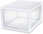 Sterilite 4-Pack Stacking Drawer, Clear Storage Organizer Containers, 27 Quart, White Frame - Stackable and Modular Plastic Drawers for Shoes, Clothes, Accessories, Supplies, Bedding, and Linens