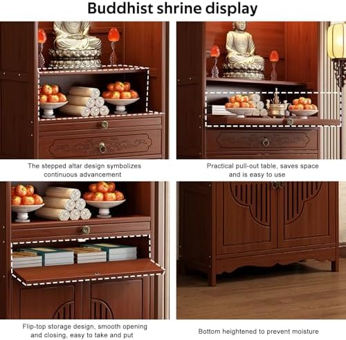 Meditation Altar Table with Storage, Bamboo Buddhist Altar, Shrine Altar Cabinet with Drawers for Worship & Prayer, Suit for Home, Business, Temple (C, 14.9inch)