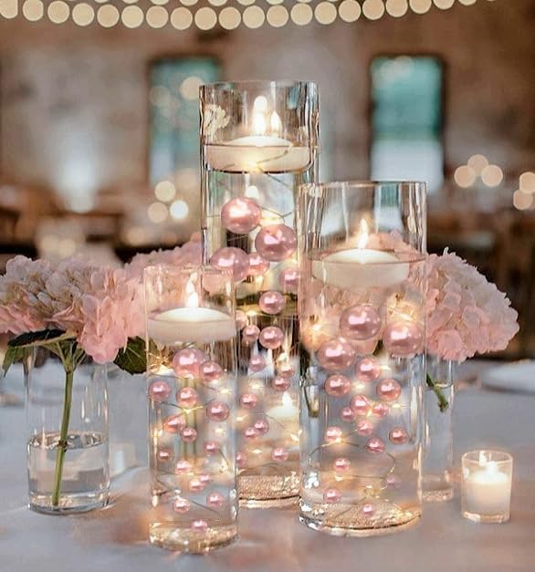 100 Floating Light Pink Pearls with Pink Sparkling Gems- Large Sizes- Fills 2 Gallons for Your Vases- with Pre-Measured Prep Bags for Best Results!
