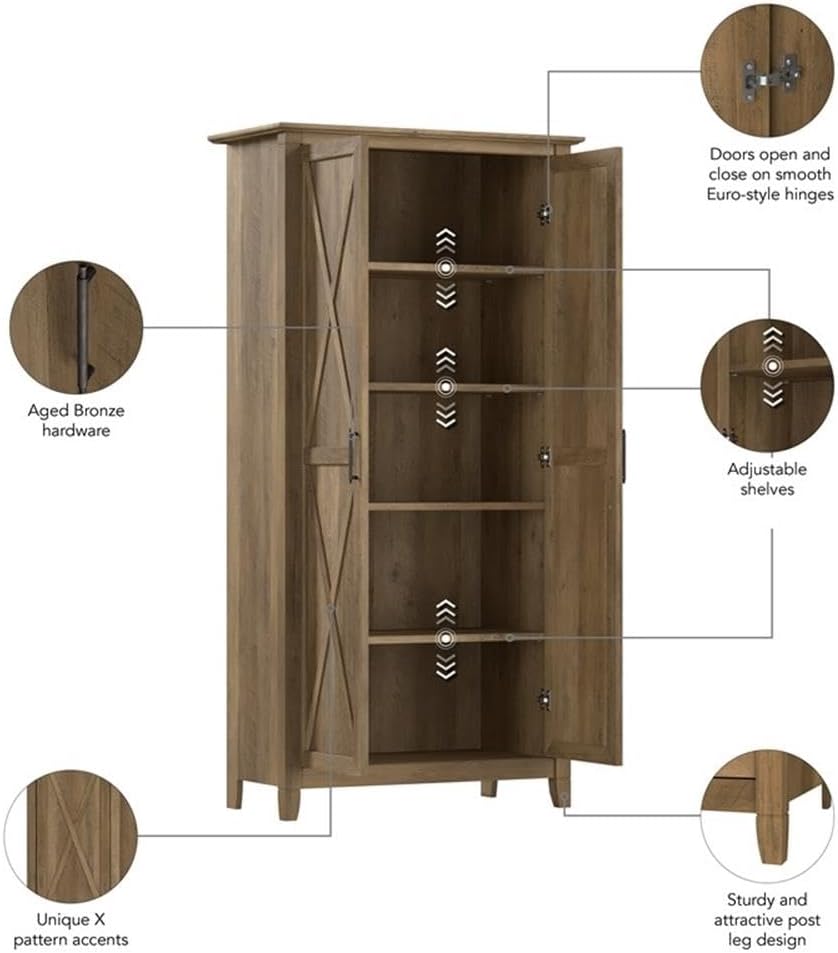 Pemberly Row Tall Kitchen Pantry Cabinet, Reclaimed Pine Finish, Freestanding Storage with Doors and Shelves, Farmhouse Style, Adjustable Shelves, Wall Attachment, Versatile Kitchen or Dining Room Use