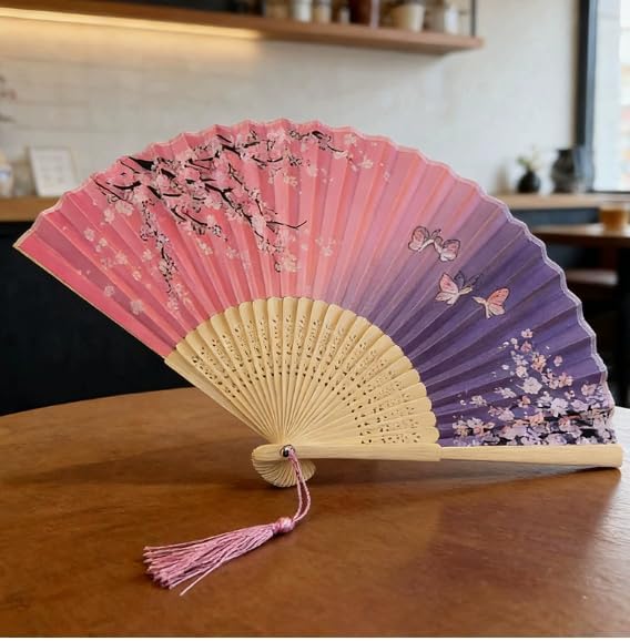 Pink Purple Gradient Cherry Blossom Folding Hand Fan with Tassel, Vintage Japanese Style Butterfly Print Foldable Fan