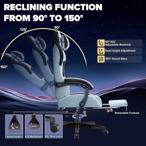 GTPLAYER Gaming Chair, Computer Office Chair Lumbar Support, Linkage Armrests and Footrest, Ergonomic Game Chair for Adults with Extended Backrest, Velvet Fabric, Light Blue
